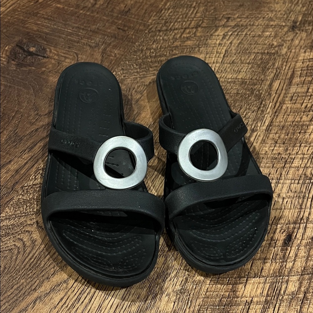 Crocs Black Sandals with Silver Accents